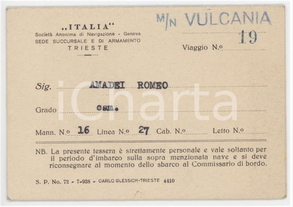 1938 Navigazione ITALIA - M/N VULCANIA - Tessera Romeo AMADEI cameriere Tessera originale d'epoca.  GOOD/buono  Formato: 11x8 cm originale e autentica 1