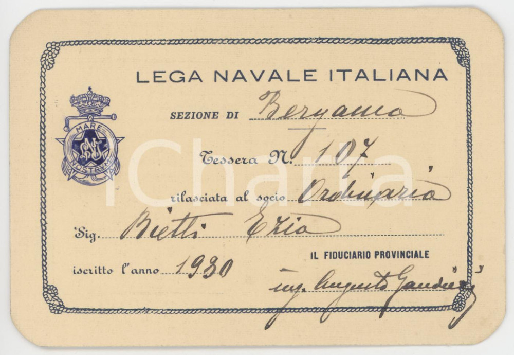 1930 LEGA NAVALE ITALIANA - BERGAMO - Tessera socio Ezio BIETTI Tessera originale d'epoca, con marca al verso.  GOOD/buono  Formato: 11x7 cm originale e autentica 1