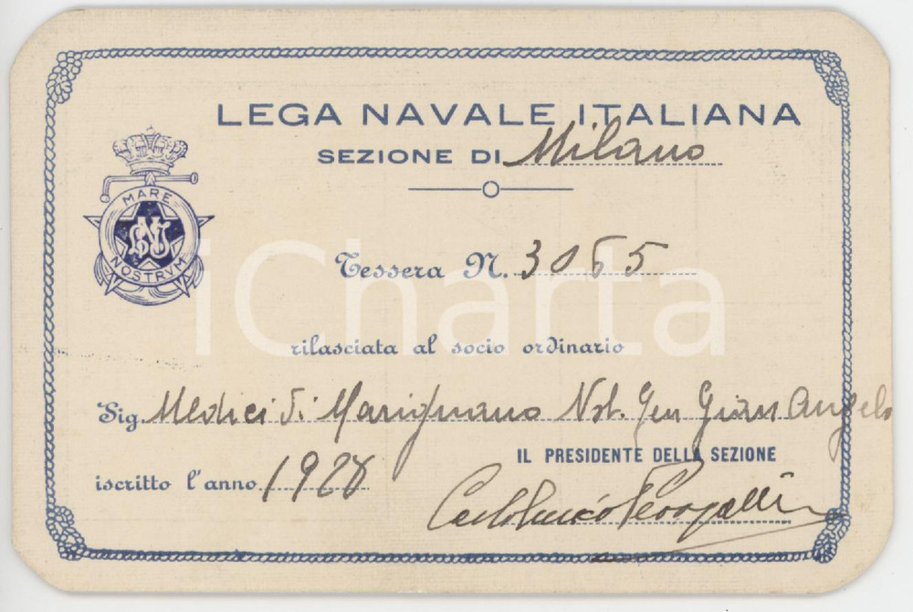 1928 LEGA NAVALE ITALIANA - MILANO - Tessera Gian Angelo MEDICI DI MARIGNANO