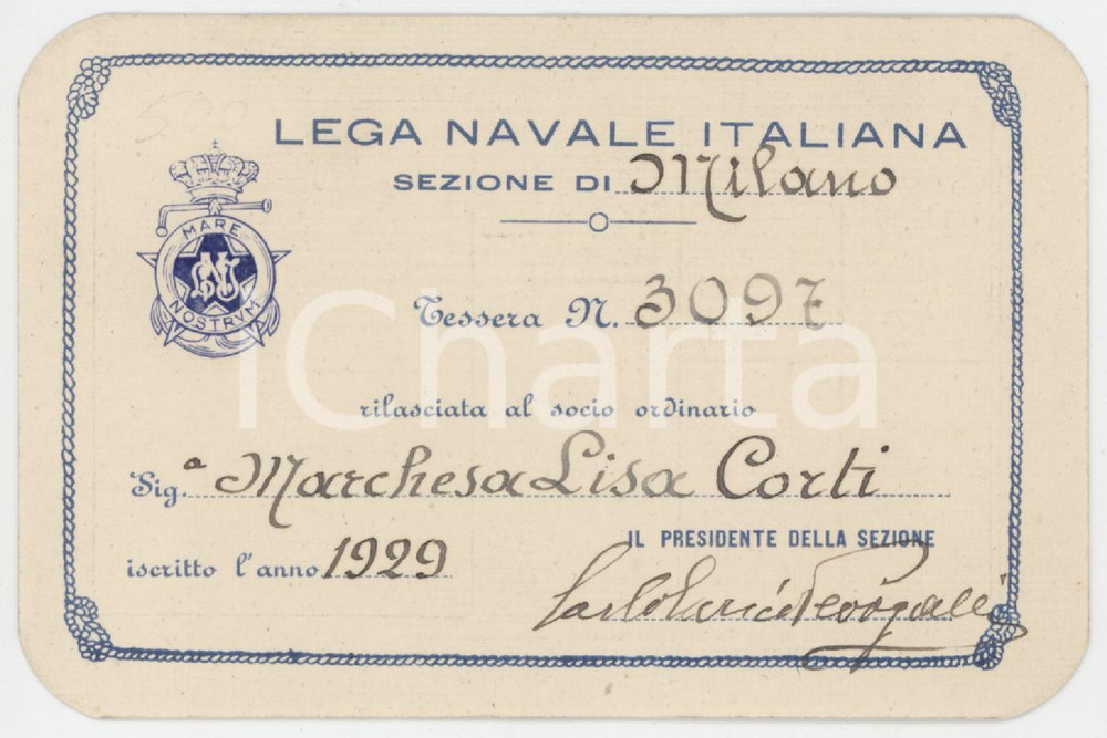 1929 LEGA NAVALE ITALIANA - MILANO - Tessera marchesa Lisa CORTI