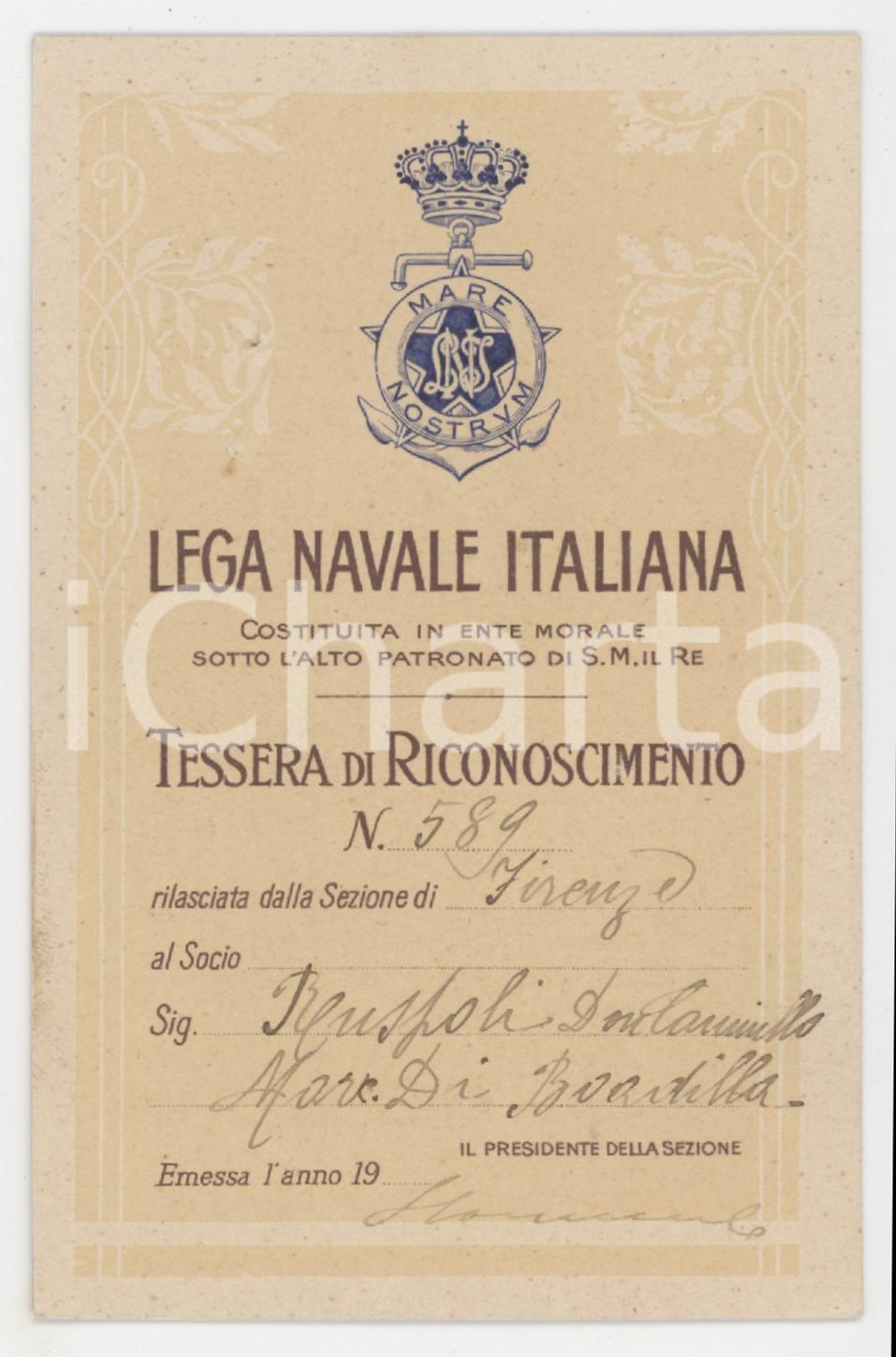1911 LEGA NAVALE ITALIANA FIRENZE - Tessera don Camillo RUSPOLI DI BOADILLA