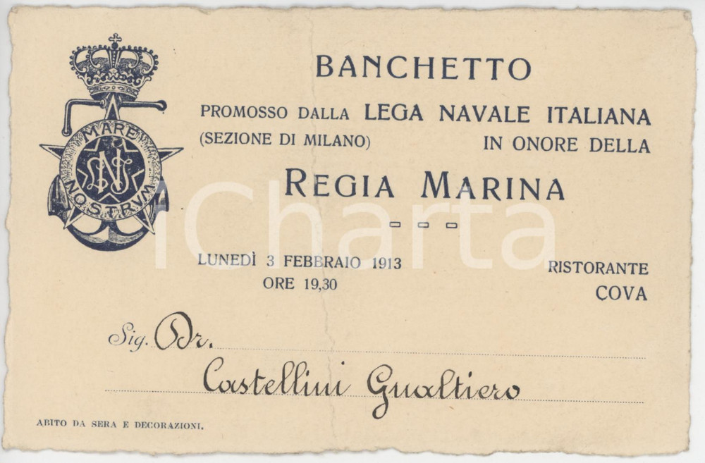 1913 MILANO REGIA MARINA - LEGA NAVALE ITALIANA Invito banchetto ristorante COVA