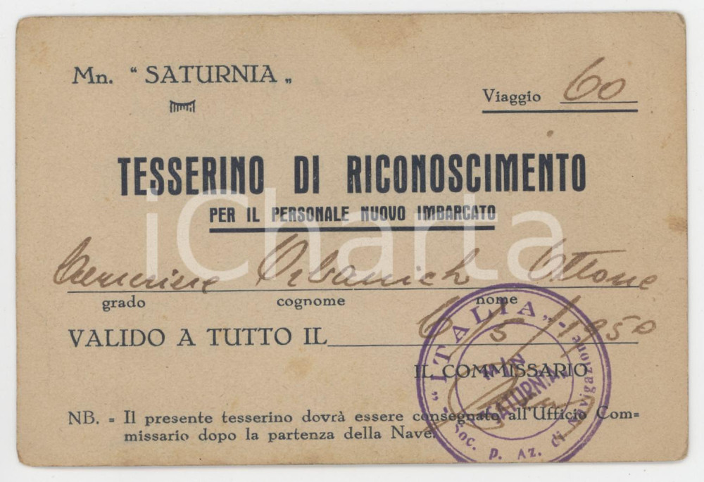 1950 Navigazione ITALIA - M/N SATURNIA - Tessera Ottone ORBANICH cameriere