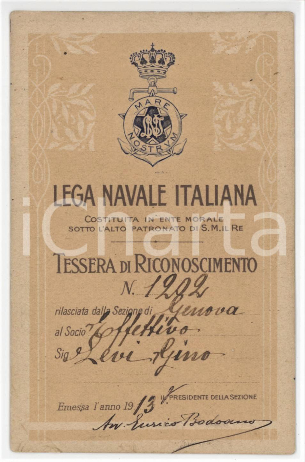 1913 LEGA NAVALE ITALIANA - Sezione GENOVA - Tessera socio Gino LEVI
