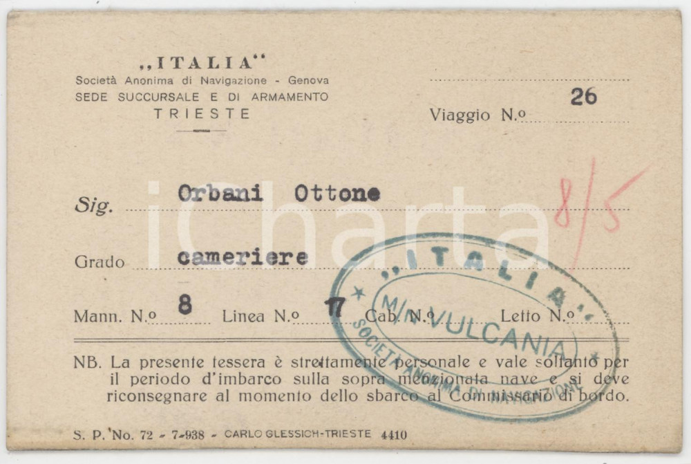 1938 Navigazione ITALIA - M/N VULCANIA - Tessera Ottone ORBANI cameriere