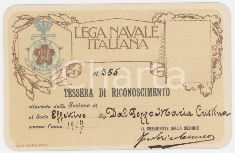 1917 LEGA NAVALE ITALIANA - Tessera socio Maria Cristina DAL POZZO