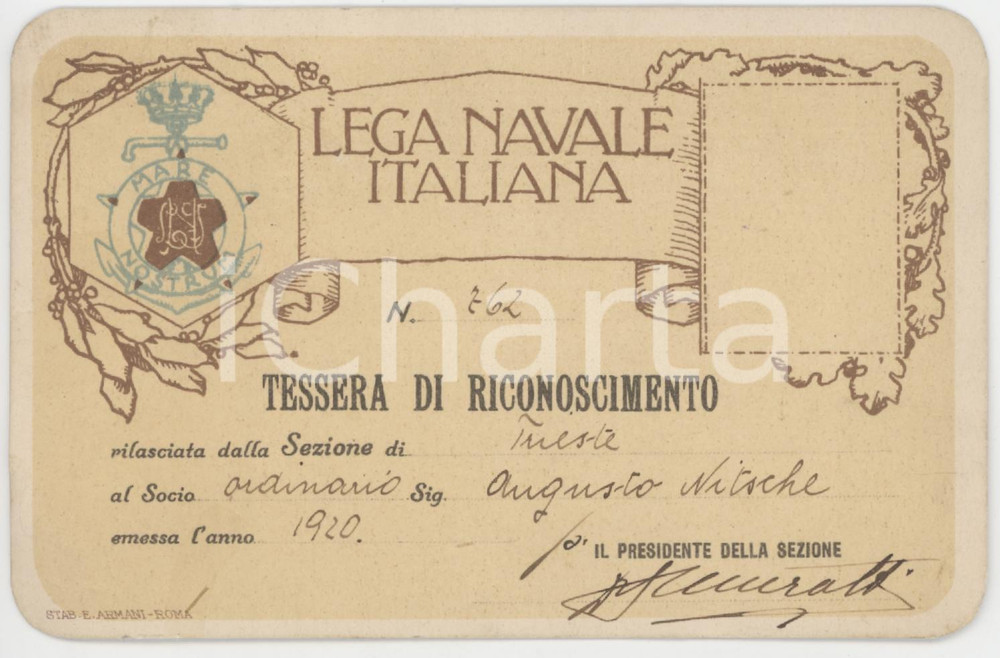 1920 LEGA NAVALE ITALIANA - Sezione TRIESTE - Tessera socio Augusto NITSCHE