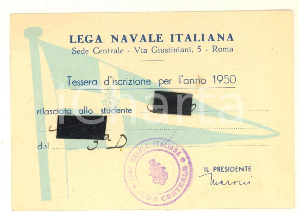 1950 LEGA NAVALE ITALIANA ROMA - Tessera di iscrizione studente