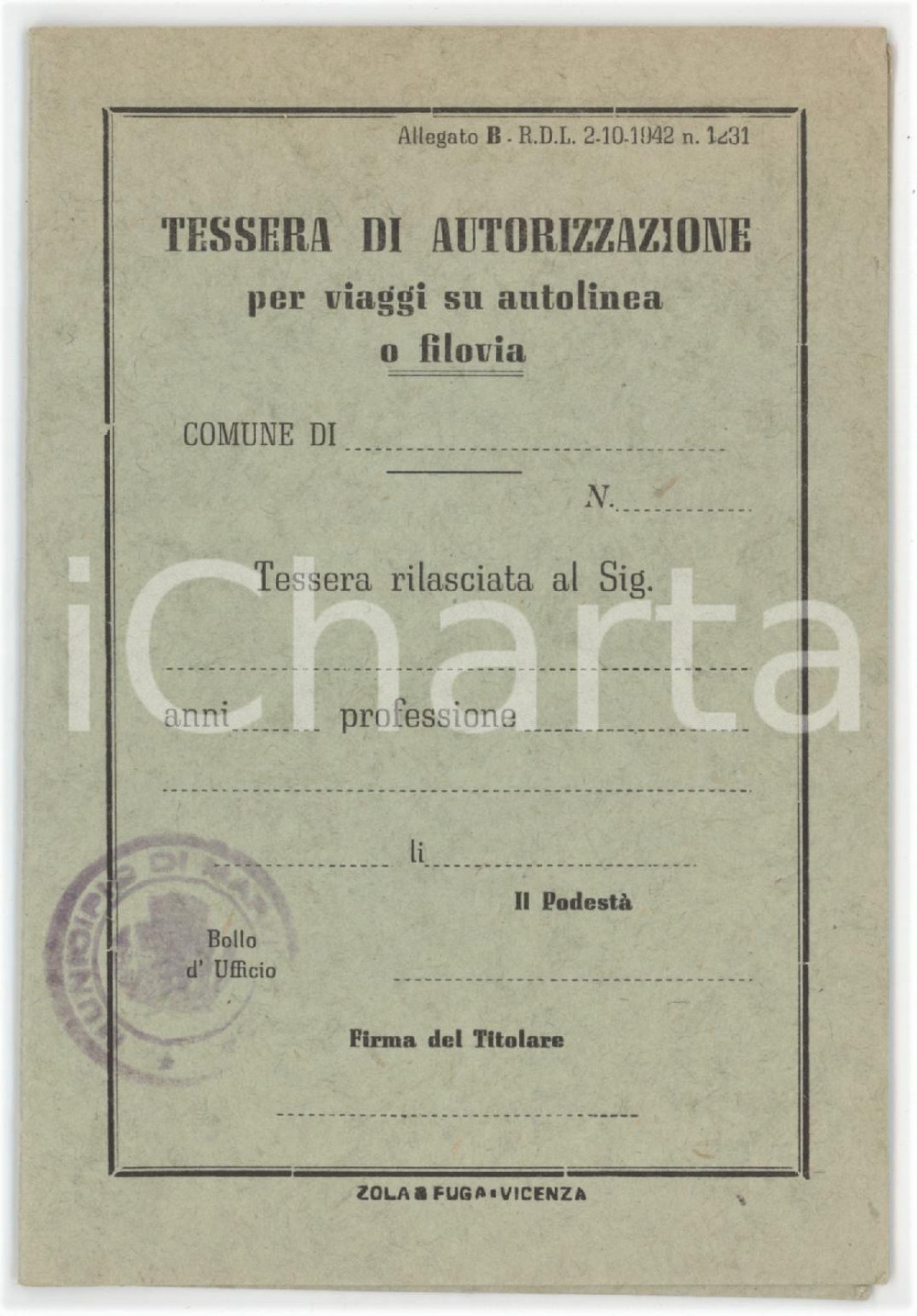 1942 MAROSTICA Tessera di autorizzazione per viaggi su autolinea o filovia