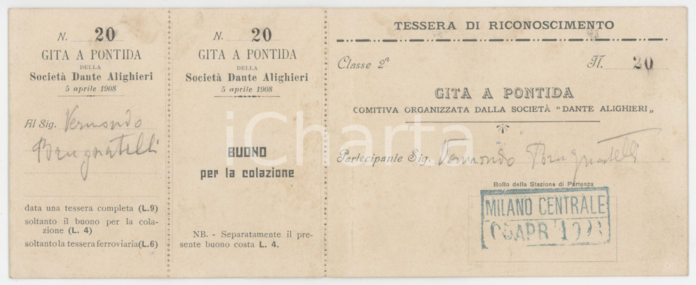 1908 Società DANTE ALIGHIERI - Gita a Pontida - Tessera Vermondo BRUGNATELLI
