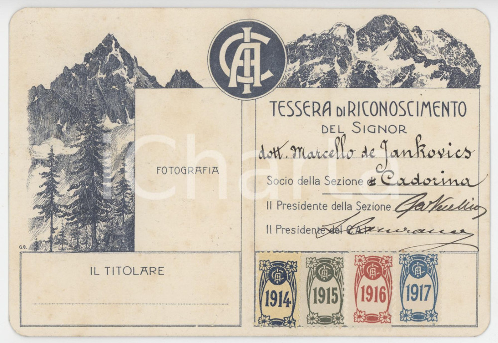 1917 CAI Sezione CADORINA - Tessera socio Marcello DE JANKOVICS