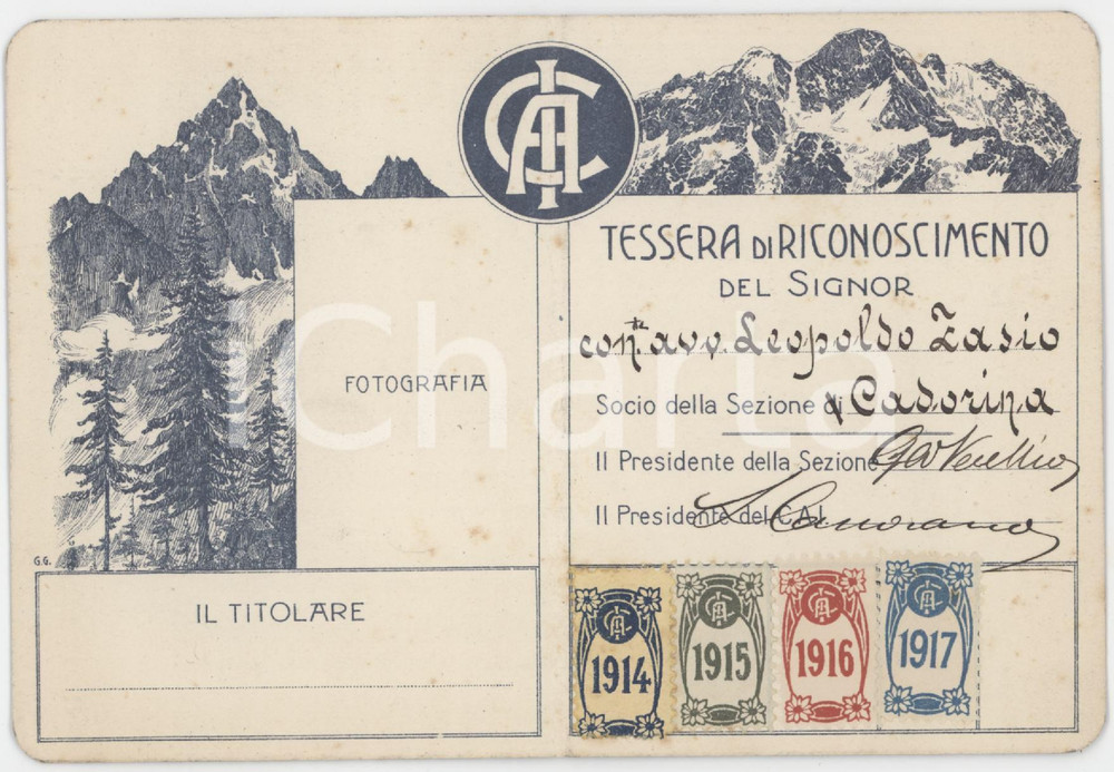 1917 CAI Sezione CADORINA - Tessera socio conte Leopoldo ZASIO