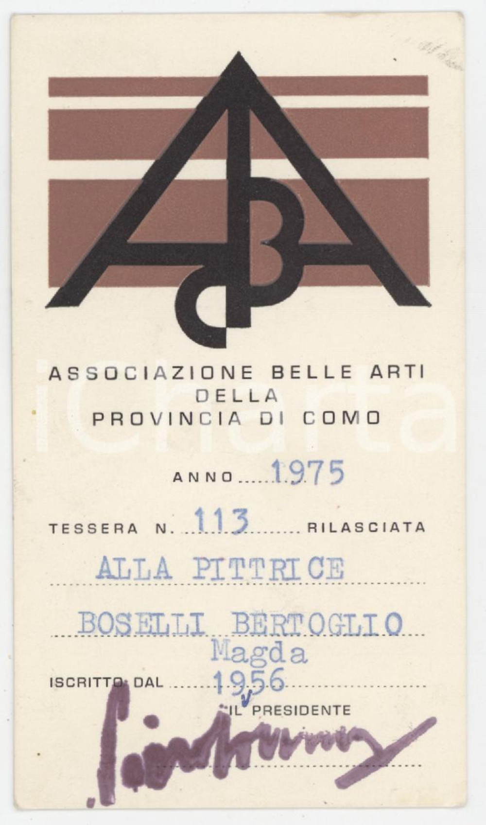 1975 ABAC Ass. Belle Arti Provincia di Como - Tessera Magda BOSELLI BERTOGLIO