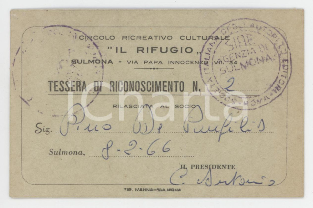 1966 SULMONA Circolo Il rifugio - Tessera di Pino DE PANFILIS 10x6 cm