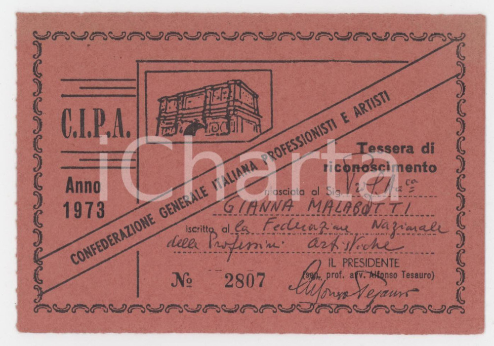 1973 CIPA Confederazione Generale Italiana Professionisti e Artisti - Tessera