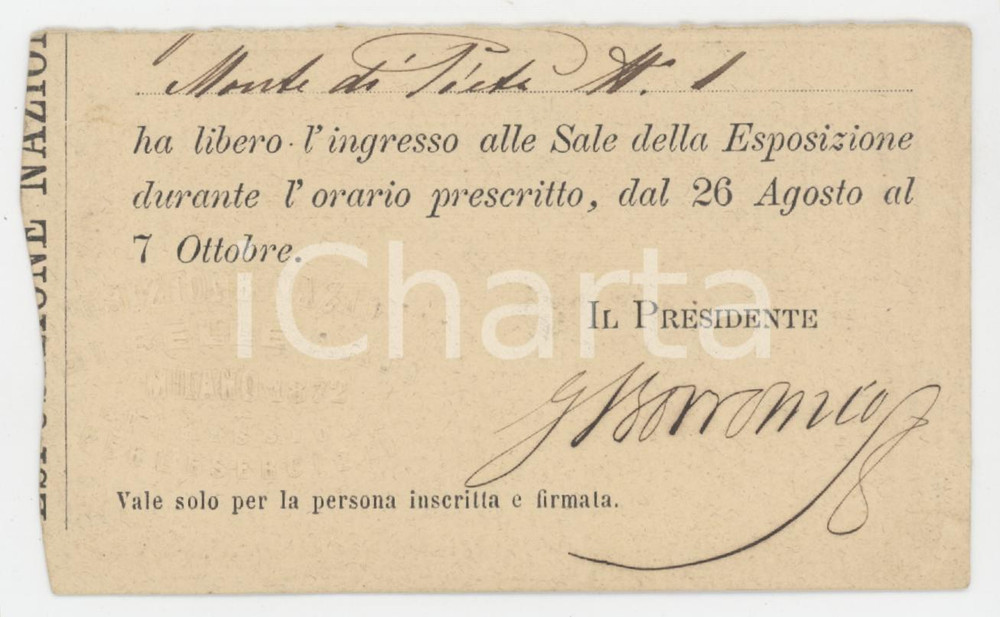 1872 MILANO Esposizione nazionale di belle arti - Biglietto di ingresso 10x6 cm