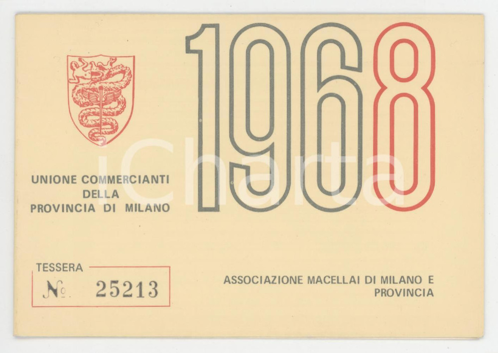 1968 MILANO Unione commercianti - Associazione macellai - Tessera 11x8 cm