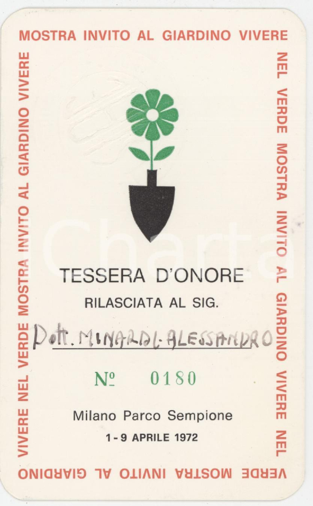 1972 MILANO PARCO SEMPIONE Giardino Vivere nel verde Tessera Alessandro MINARDI