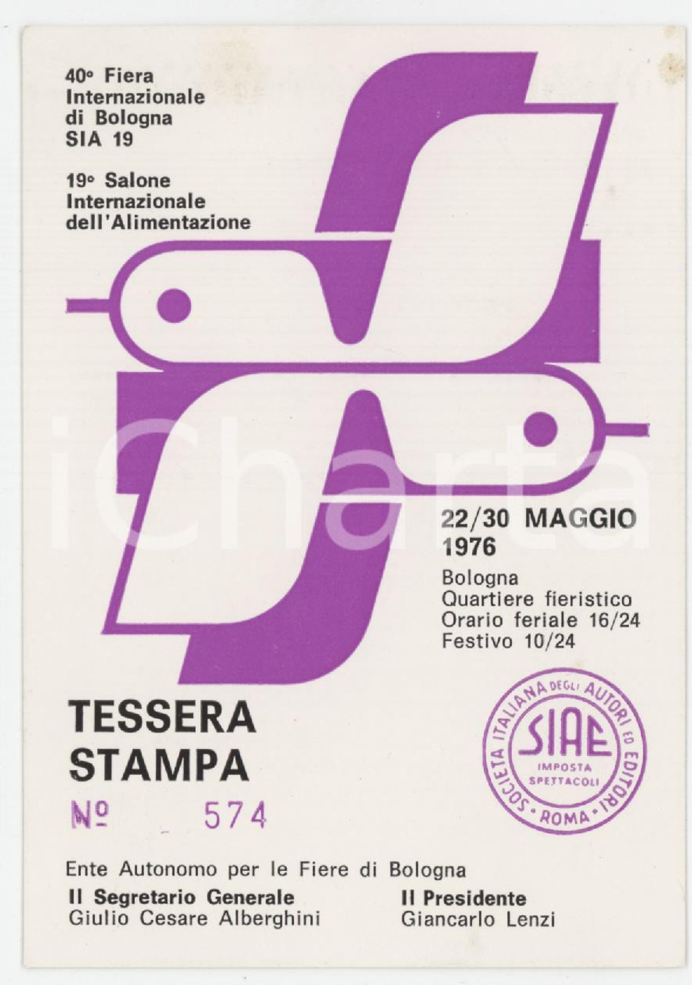 1976 BOLOGNA - SIA - 19° Salone dell'Alimentazione - Tessera Alessandro MINARDI