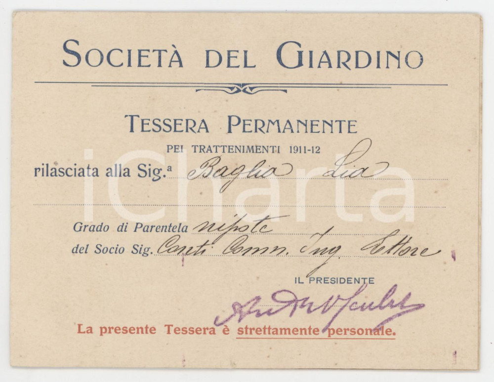 1911 MILANO Società del giardino - Tessera di Lia BAGLIA 11x8 cm