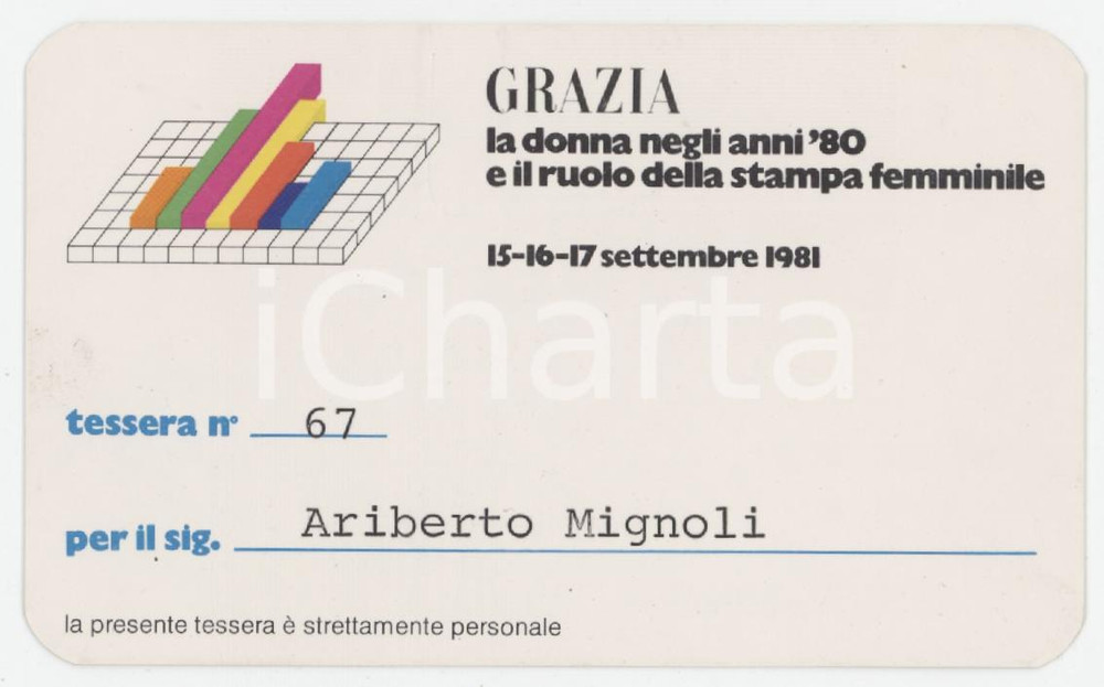 1981 MILANO Convegno Rivista GRAZIA Tessera di Ariberto MIGNOLI - 9x5 cm