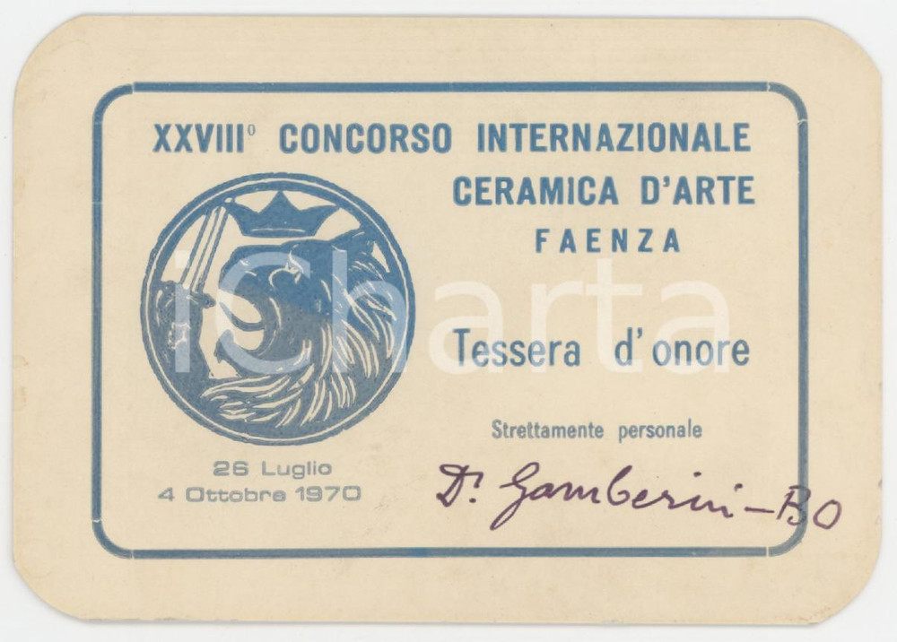 1970 FAENZA - XXVIII Concorso ceramica d'arte - Tessera d'onore D. GAMBERINI