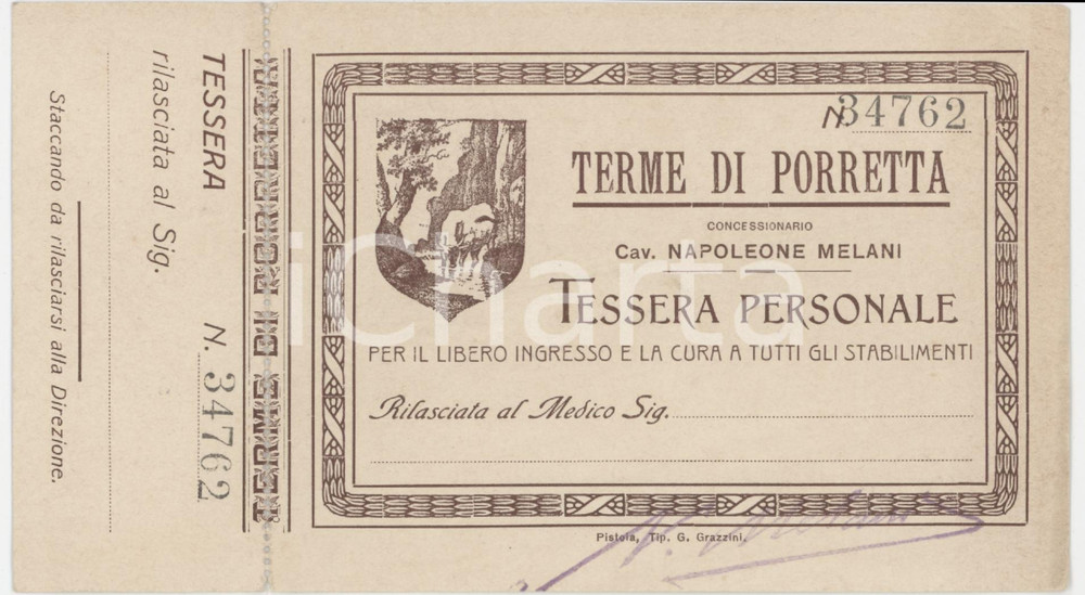 1912 TERME DI PORRETTA Tessera personale 15x9 cm