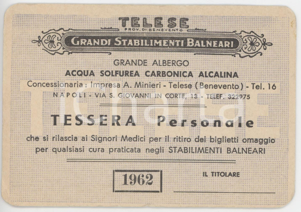 1962 TELESE Grandi stabilimenti balneari - Tessera personale 11x8 cm