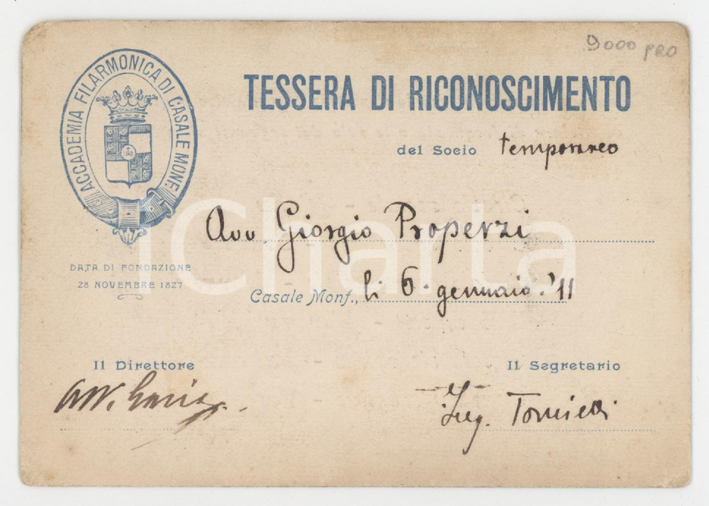1911 CASALE MONFERRATO Accademia Filarmonica - Tessera Avv. Giorgio PROPERZI