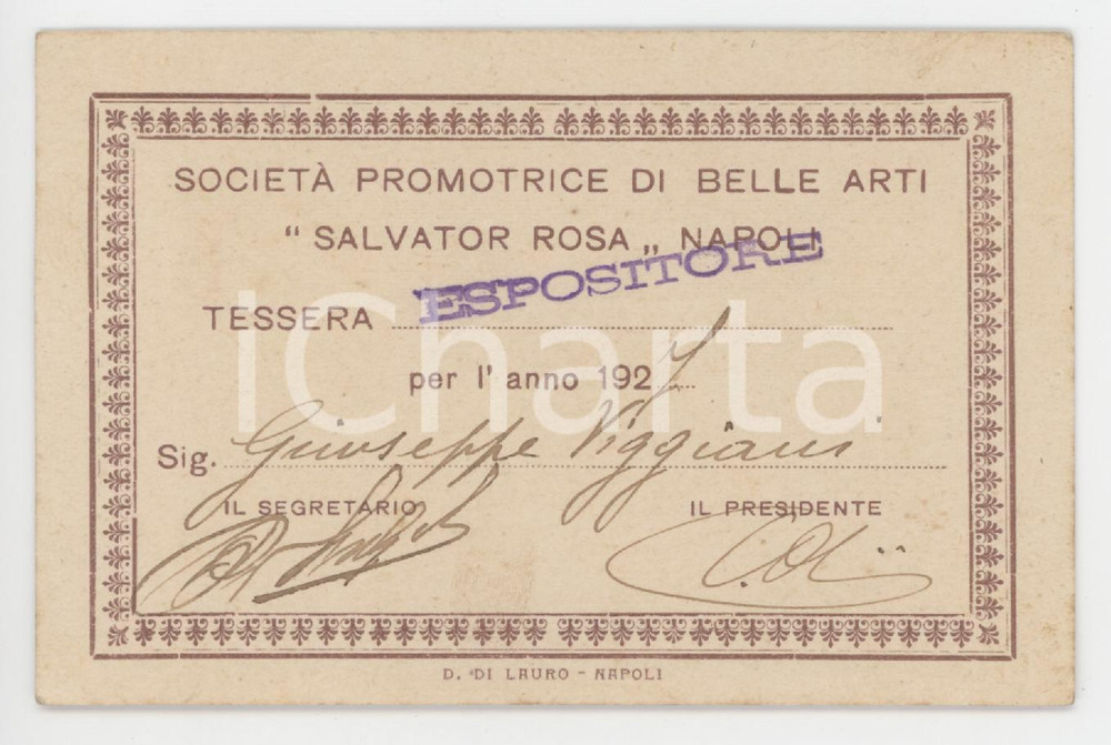 1927 NAPOLI Società di Belle Arti "Salvator Rosa" - Tessera di Giuseppe VIGGIANI