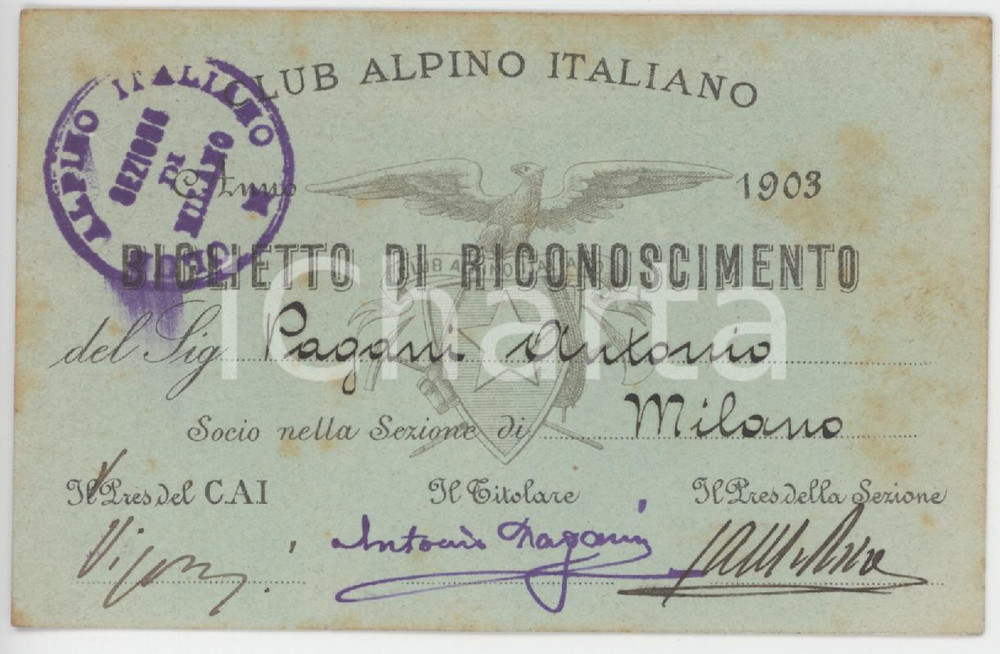 1903 CAI Sezione MILANO Biglietto di riconoscimento Club Alpino Italiano - 10x6