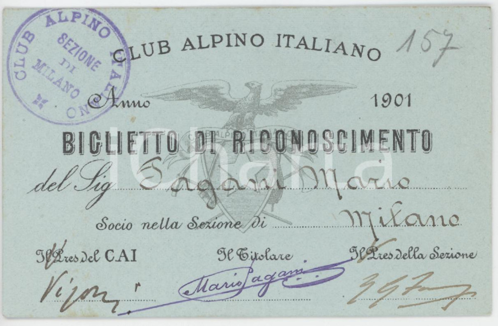 1901 CAI Sezione MILANO Biglietto di riconoscimento Club Alpino Italiano - 10x6