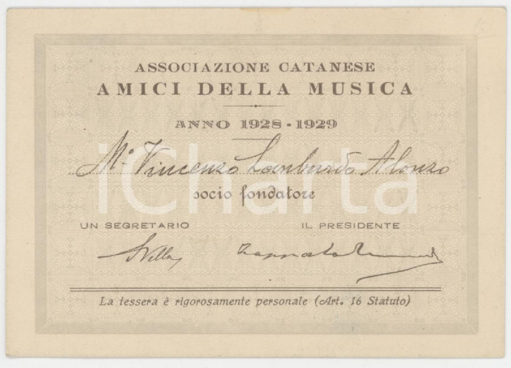 1928 CATANIA Associazione Catanese della Musica Tessera Vincenzo LOMBARDO ALONZO