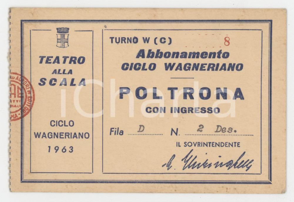 1963 MILANO Teatro alla Scala - Abbonamento poltrona Ciclo Wagneriano 10x7 cm Tessera d'epoca. FAIR/discreto Lievi smussature agli angoli Formato: 10x7 cm originale e autentica 1