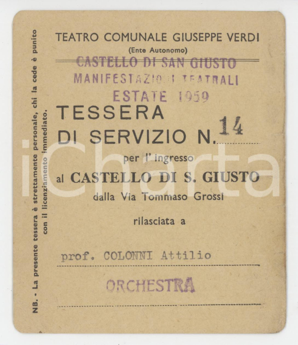 1959 TRIESTE Teatro Verdi - Tessera per ingresso al Castello di San Giusto