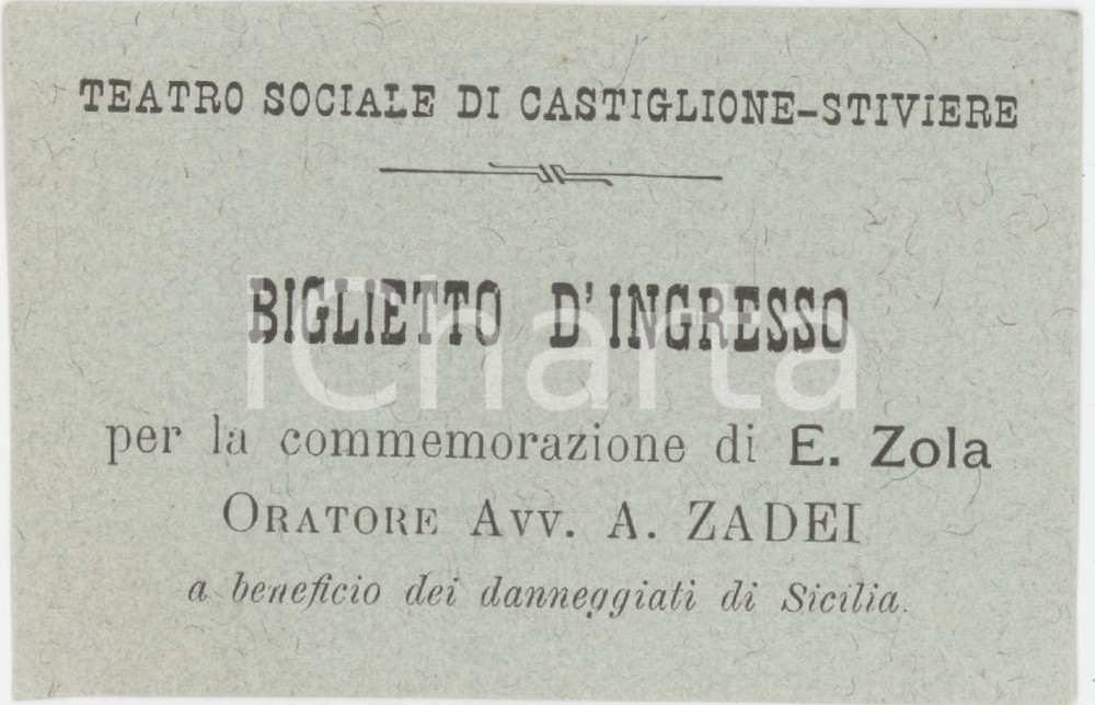 1902 CASTIGLIONE DELLE STIVIERE Biglietto commemorazione Emile ZOLA 10x6 cm