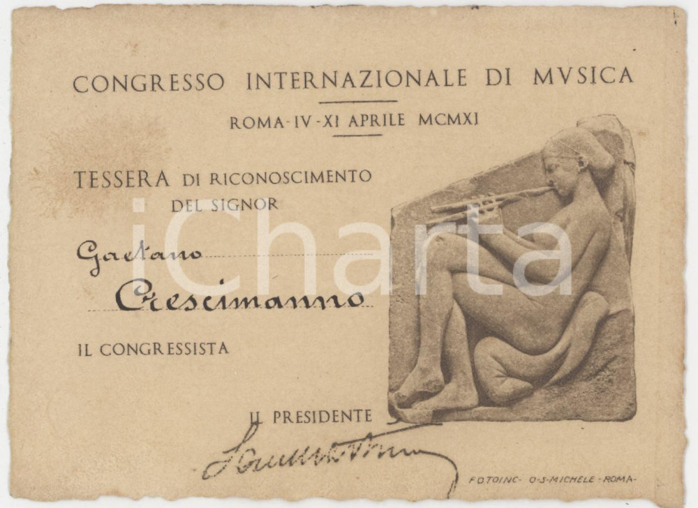 1911 ROMA Congresso internazionale di musica - Tessera di Gaetano CRESCIMANNO Tessera d'epoca. FAIR/discreto Lievi smussature agli angoli, aloni Formato: 11x8 cm originale e autentica 1