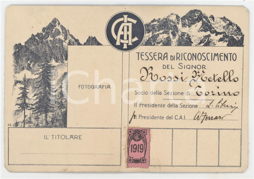 1919 CAI Sezione TORINO Tessera di Metello ROSSI Club Alpino Italiano 7x10 cm