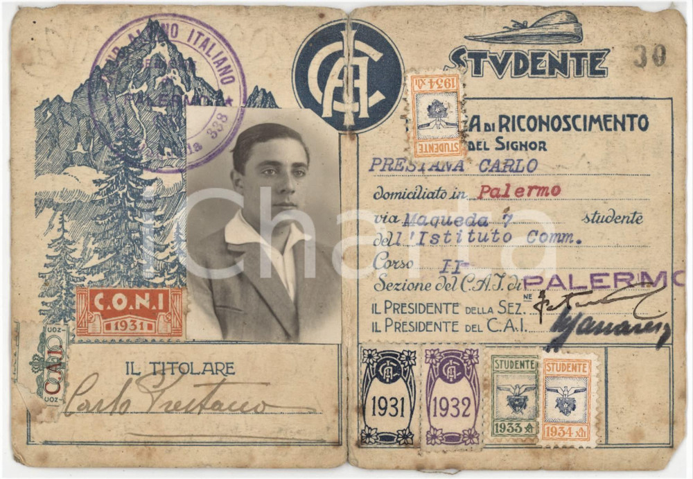 1931 PALERMO - CAI Club Alpino Italiano - Tessera di Carlo PRESTANA 7x10 cm