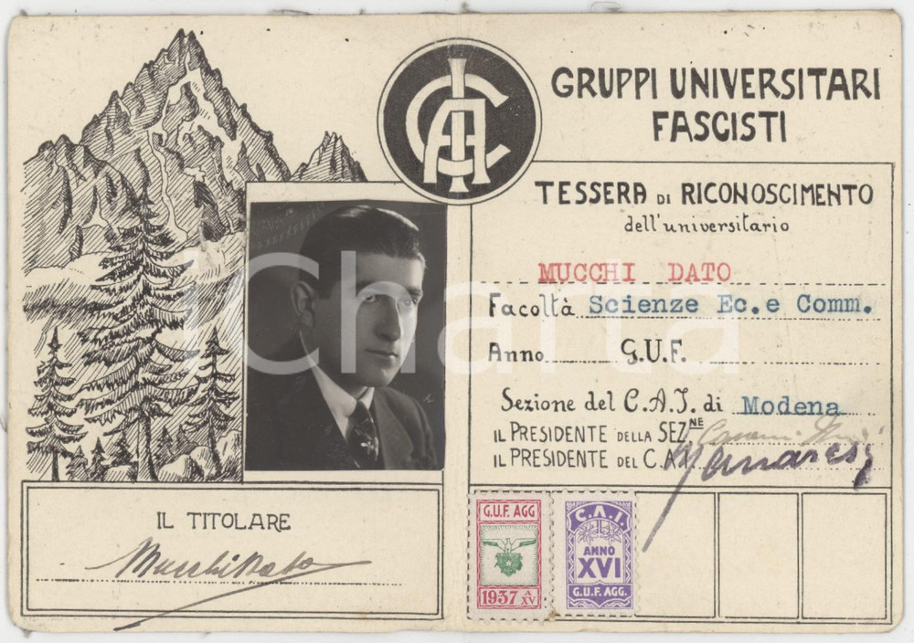 1937 MODENA - CAI Club Alpino Italiano - Tessera di Dato MUCCHI 7x10 cm