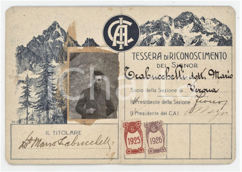 1925 CAI Sezione VERONA Tessera di Mario TRABUCCHELLI Club Alpino Italiano 7x10