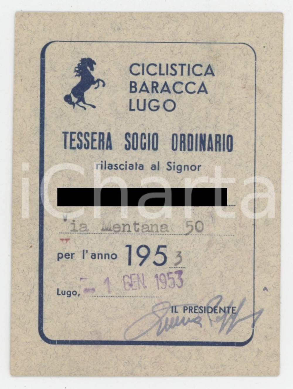 1953 LUGO Ciclistica Baracca - Tessera socio ordinario 6x9 cm
