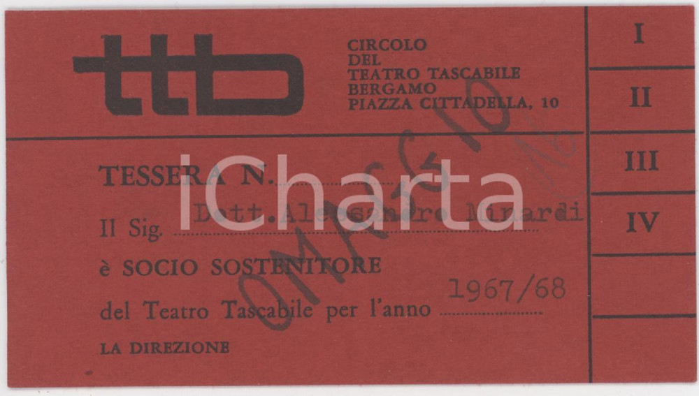 1967 BERGAMO Circolo del Teatro Tascabile - Tessera di Alessandro MINARDI