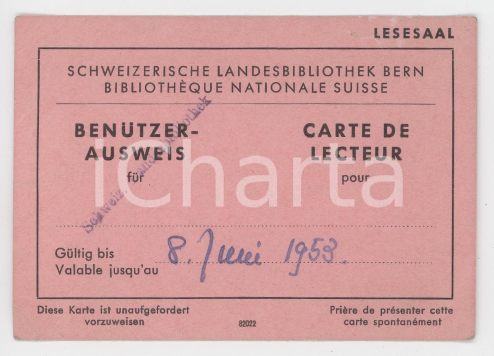 1953 BERN BibliothÃ¨que nationale suisse - Carte de lecteur 10x7 cm Tessera d'epoca.  FAIR/discreto Lievi smussature agli angoli Formato: 10x7 cm originale e autentica 1