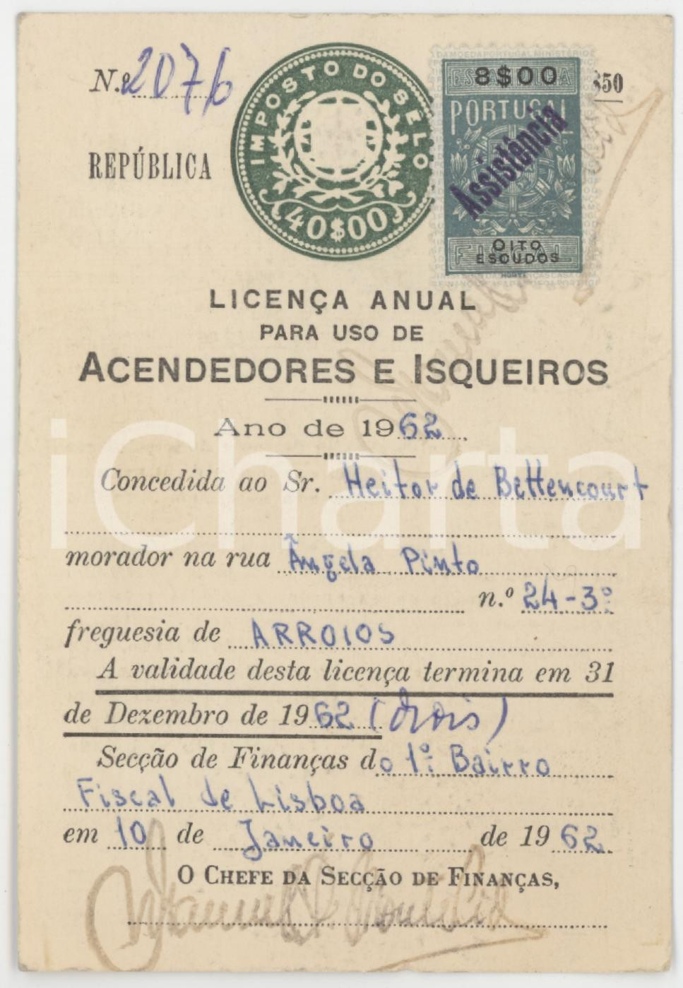1962 LISBOA Licenca anual para uso de acendedores e isqueiros - 8x11 cm Tessera d'epoca.  FAIR/discreto Lievi piegature agli angoli Formato: 8x11 cm originale e autentica 1