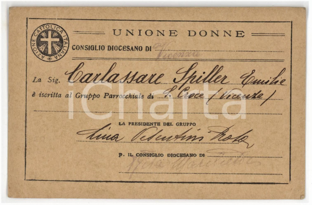 1932 VICENZA Chiesa di Santa Croce - Unione donne AZIONE CATTOLICA Tessera 12x8 Tessera d'epoca.  FAIR/discreto Lievi piegature agli angoli Formato: 12x8 cm originale e autentica 1