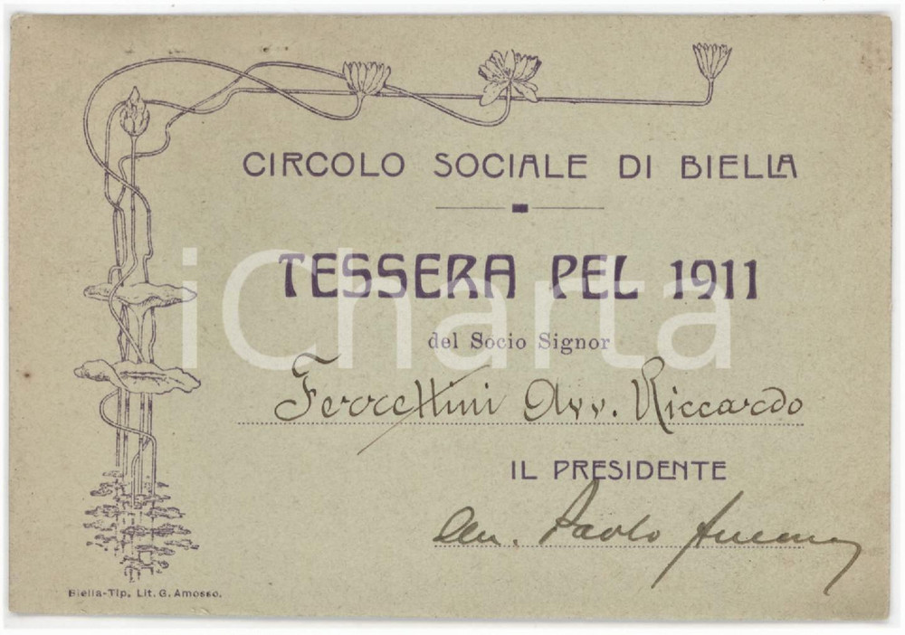 1911 BIELLA Circolo sociale - Tessera dell'avvocato Riccardo FERRETTINI 12x8 cm