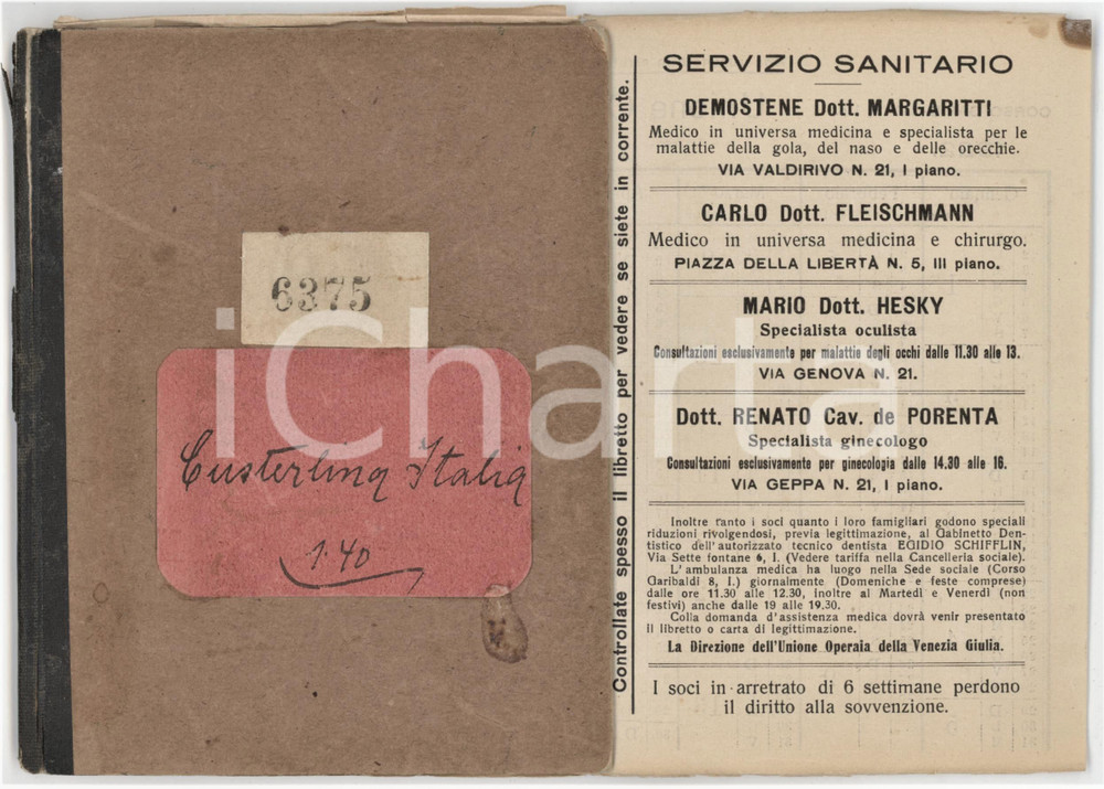 1922 TRIESTE Unione operaia triestina - Libretto della sarta Italia CUSTERLINA