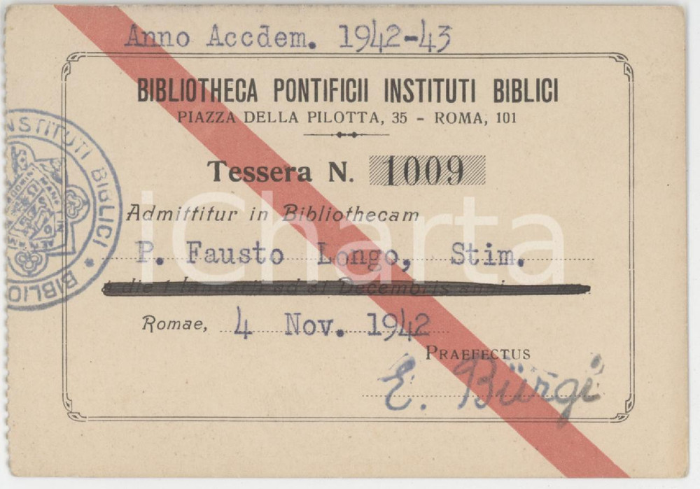 1942 ROMA Bibliotheca Pontificii Instituti Biblici - Tessera Padre Fausto LONGO