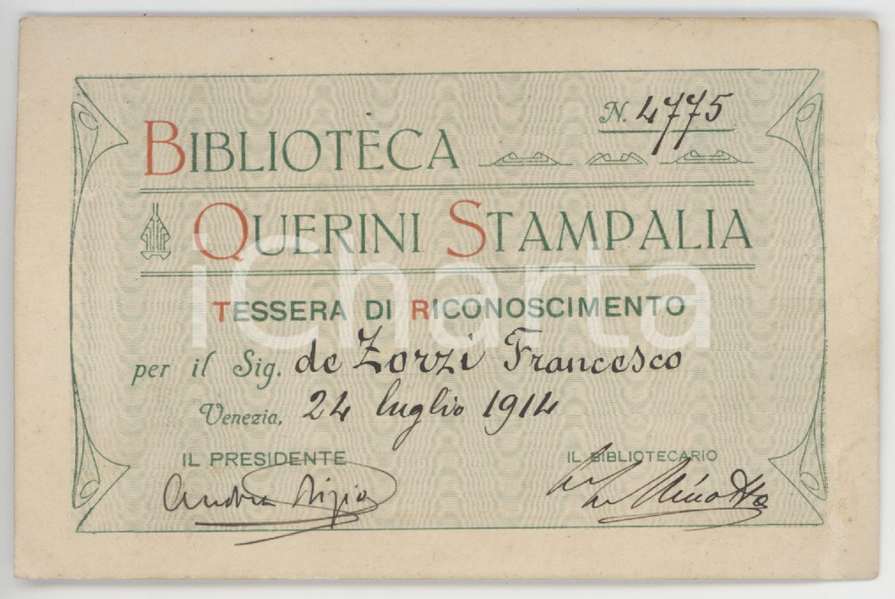 1914 VENEZIA Biblioteca QUERINI - STAMPALIA Tessera Francesco DE ZORZI 12x8 cm